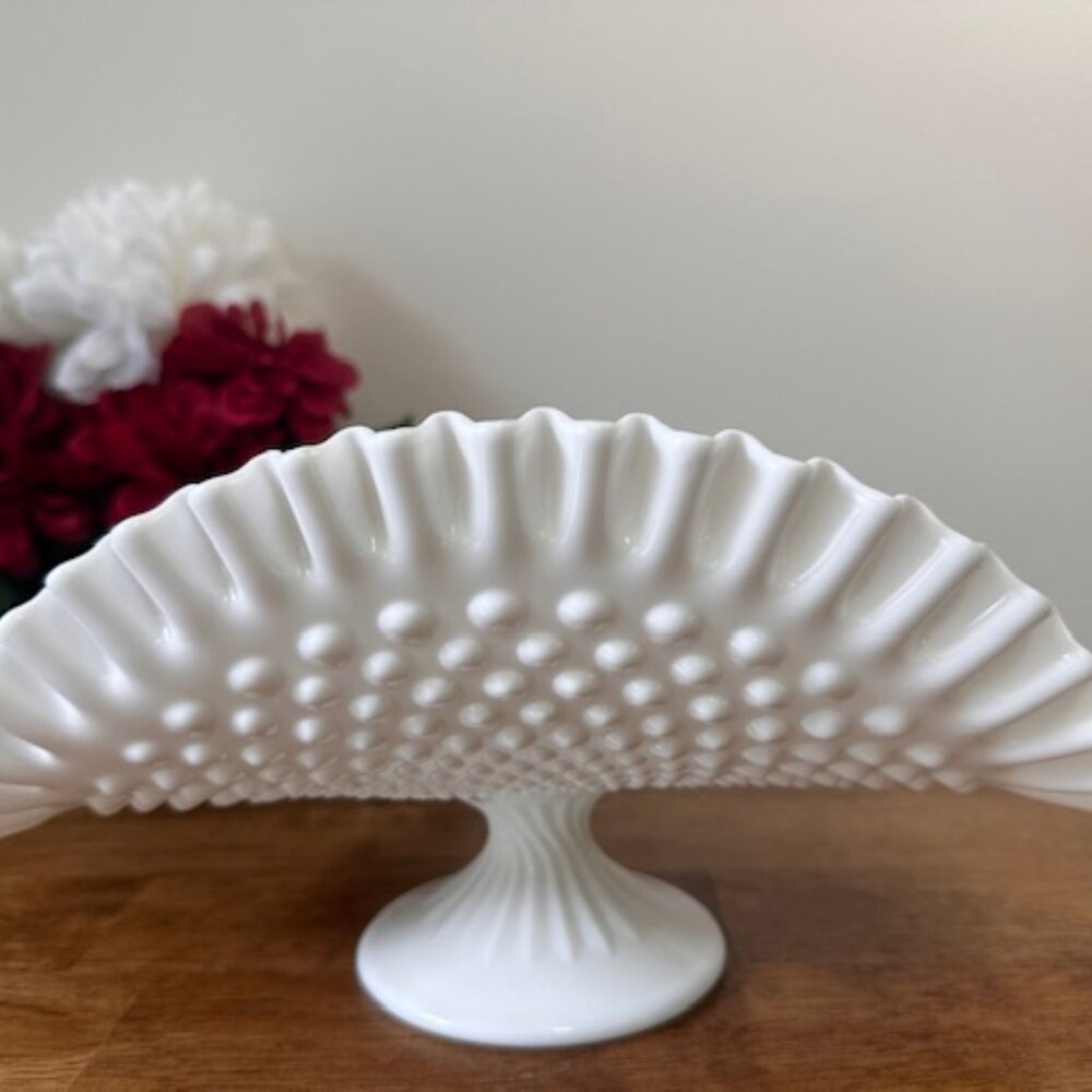 Fenton Hobnail Milk Glass Banana Bowl Vintage Pedestal Fruit Centerpiece